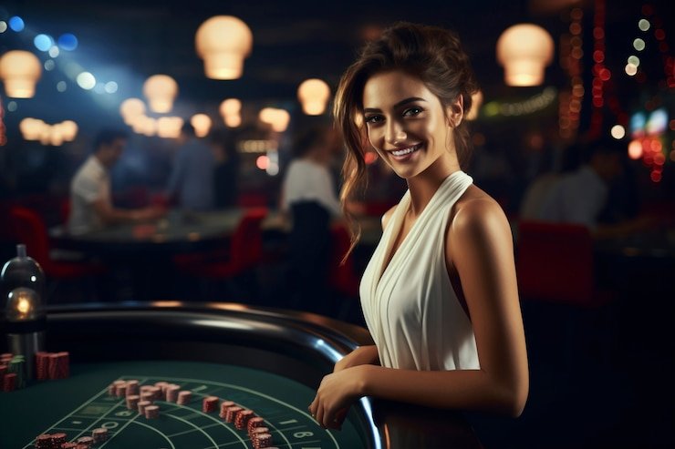 Meja baccarat dengan kartu ditampilkan jelas